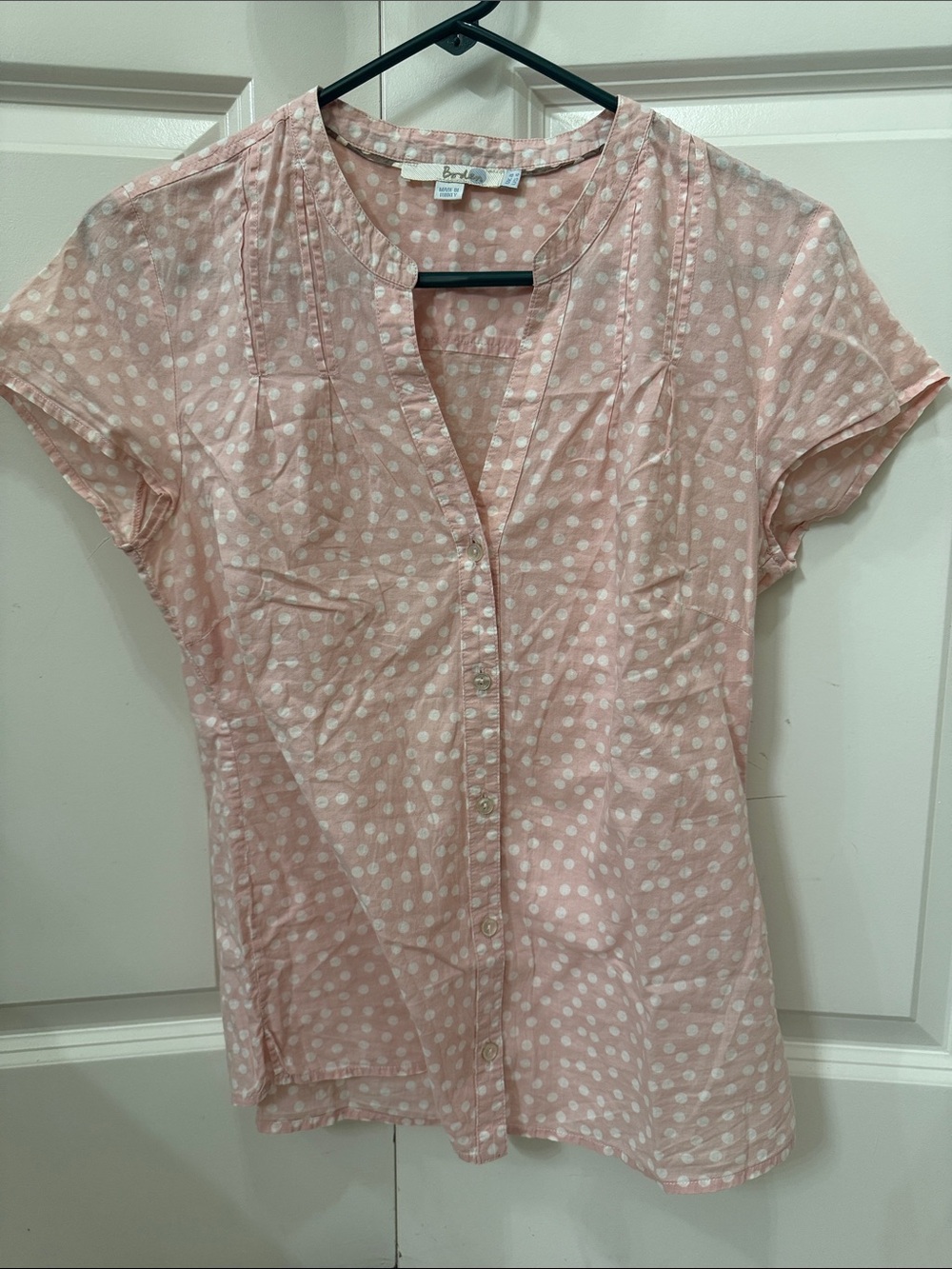 Boden Pink and White Polka Dot Short-Sleeve Button-Front Top